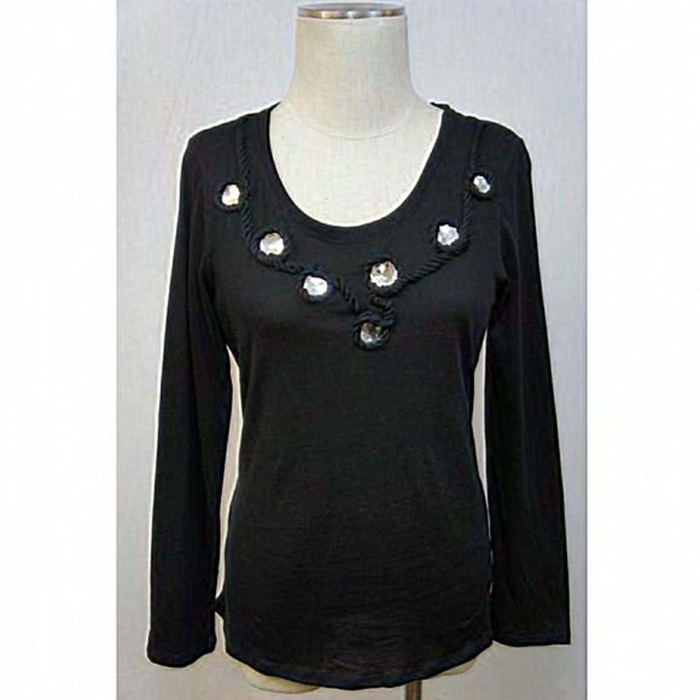 New York & Co Black Long Sleeve Jersey Knit Embellished Blouse